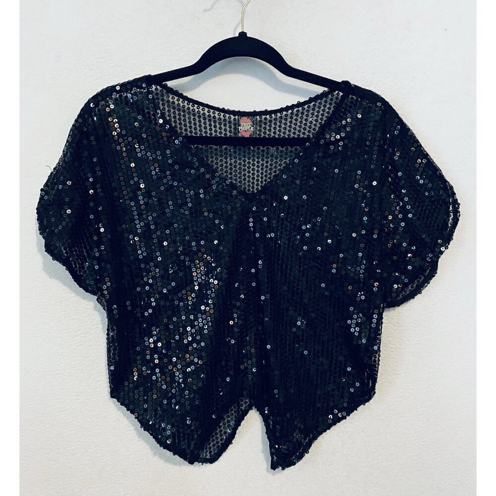 Free People Top Womens Small Black Sequin V Neck Cropped Whimsigoth Festival